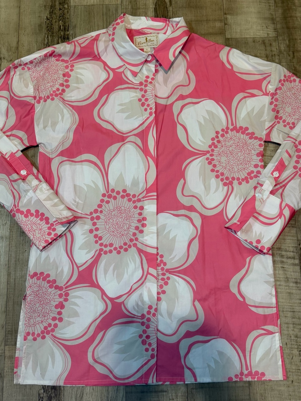 Flora Bea NYC Pink Floral Button Down Shirt Women S 100% Cotton Long Sleeve
